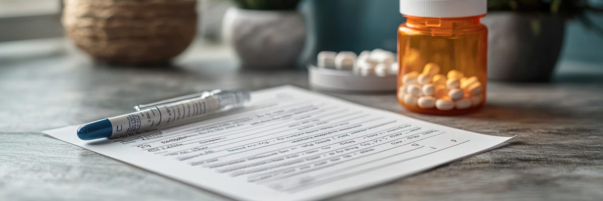 Open prescription pad with a pen and a pill bottle, conveying the importance of medication in patient care --ar 16:7 --style raw --stylize 250 --v 6.1 Job ID: f4014794-7993-4123-a6d2-aead5f4d4bf4